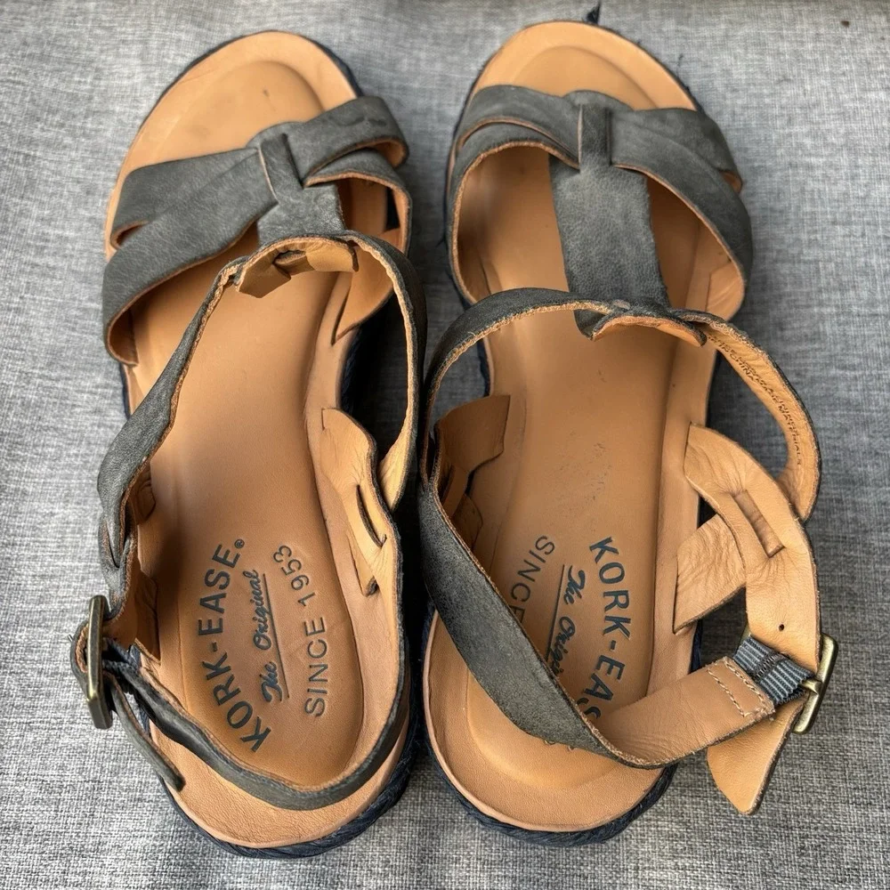 Kork-Ease Ande Sz 8 Espadrille Navy Leather Platform‎ Sandals Comfort